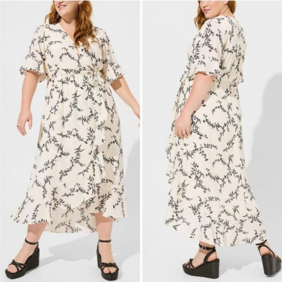 Torrid Cream Floral Maxi Georgette Surplice Ruffle Hi-Low Dress - Picture 1 of 8